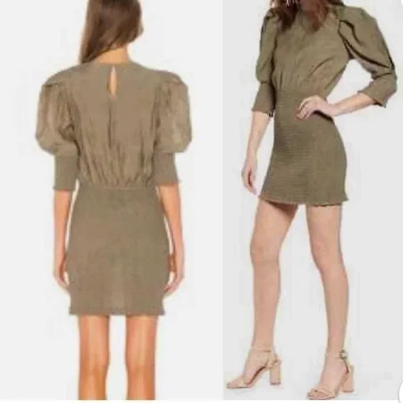Rebecca Minkoff Geneva Smocked
Puff Sleeve Dress in Army Green large midi - Picture 4 of 16